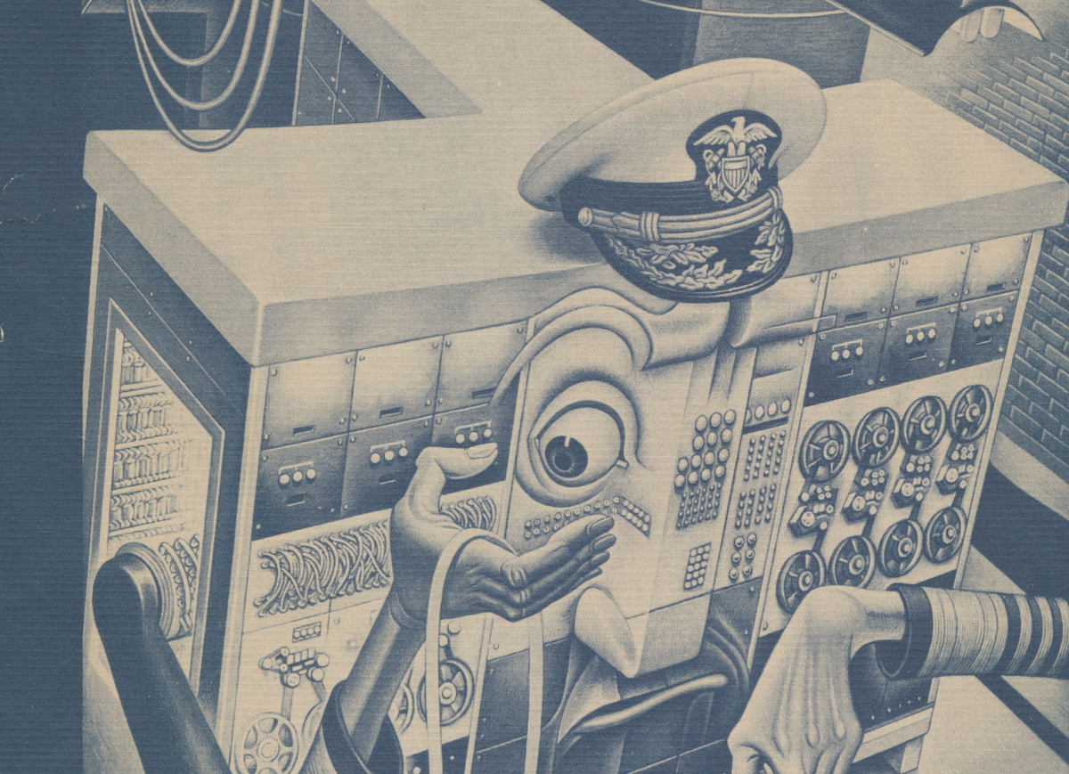 An anthropomorphized illustration of a 1950s computer inspecting a paper tape. Boris Artzybasheff, cover for Description of a Magnetic Drum Calculator, Harvard University Press, 1952.