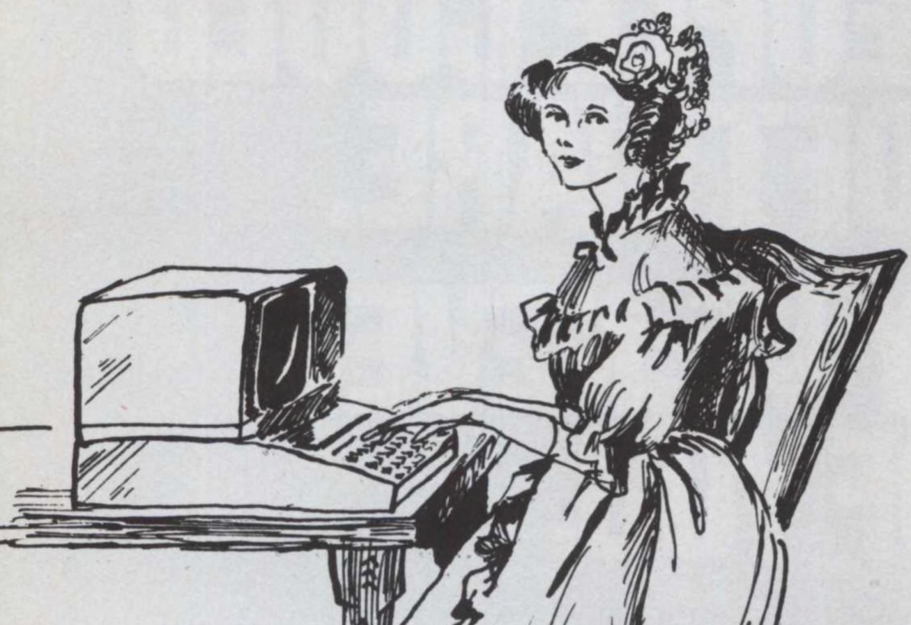 A drawing of Ada Lovelace at a computer.